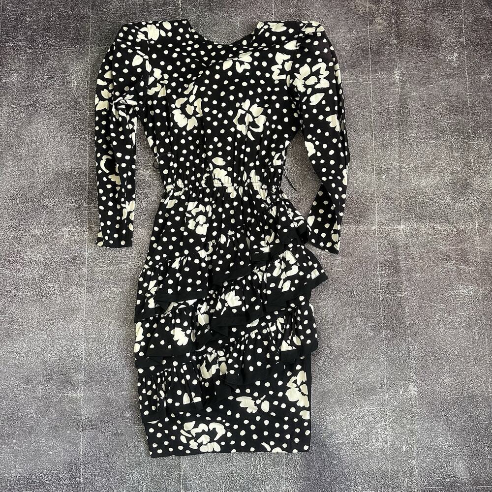 Women's Vintage 80's Choon California Floral Midi Black Long Sleeve Dress Sz 8